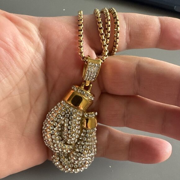 Boxing Gloves Pendant Gold Plated Stainless Steel 24 Inch Chain Zirconia Boxer - Picture 5 of 6